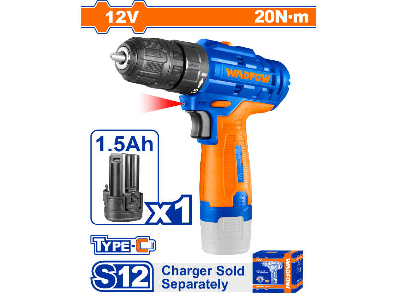 Wadfow 12v Ps+ C/l Drill 20nm Usb Type -c + 1.5ah Bat