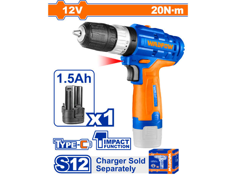 Wadfow 12v Ps+ C/l Imapct Drill Usb Type -c + 1.5ah Bat
