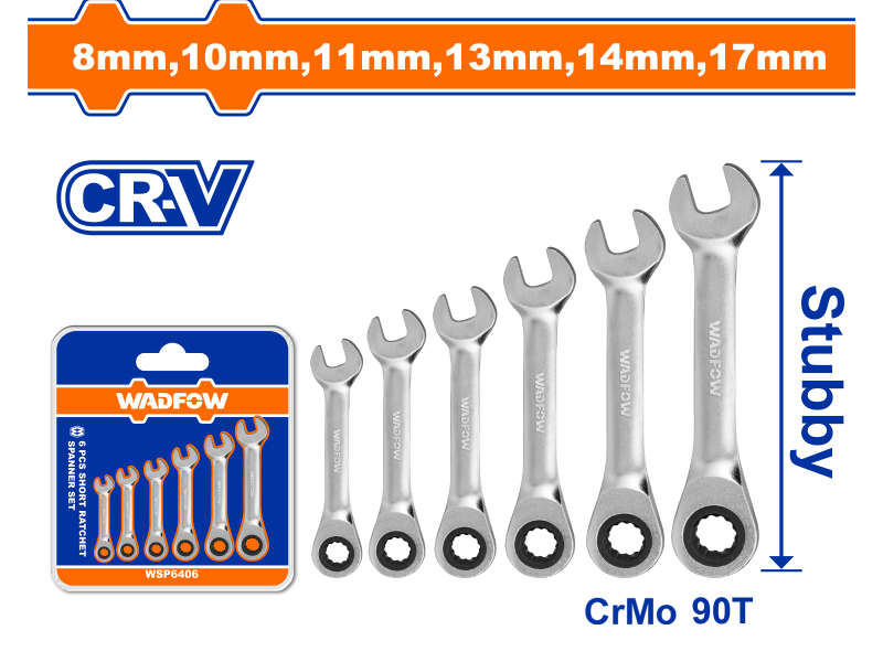 Wadfow Spanner Ratchet Stubby Set Cr-mo 90t 8-17mm 6pcs