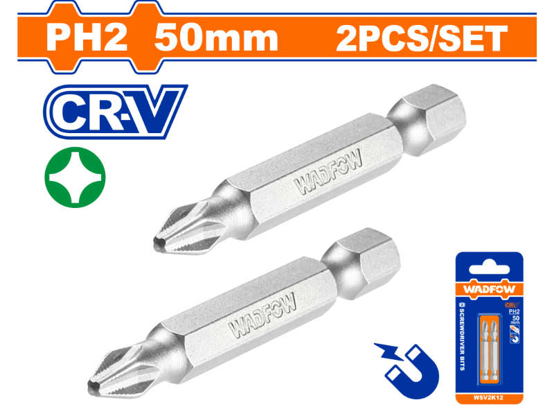 Wadfow S/driver Bit Mag Set Ph2 50mm 2pcs