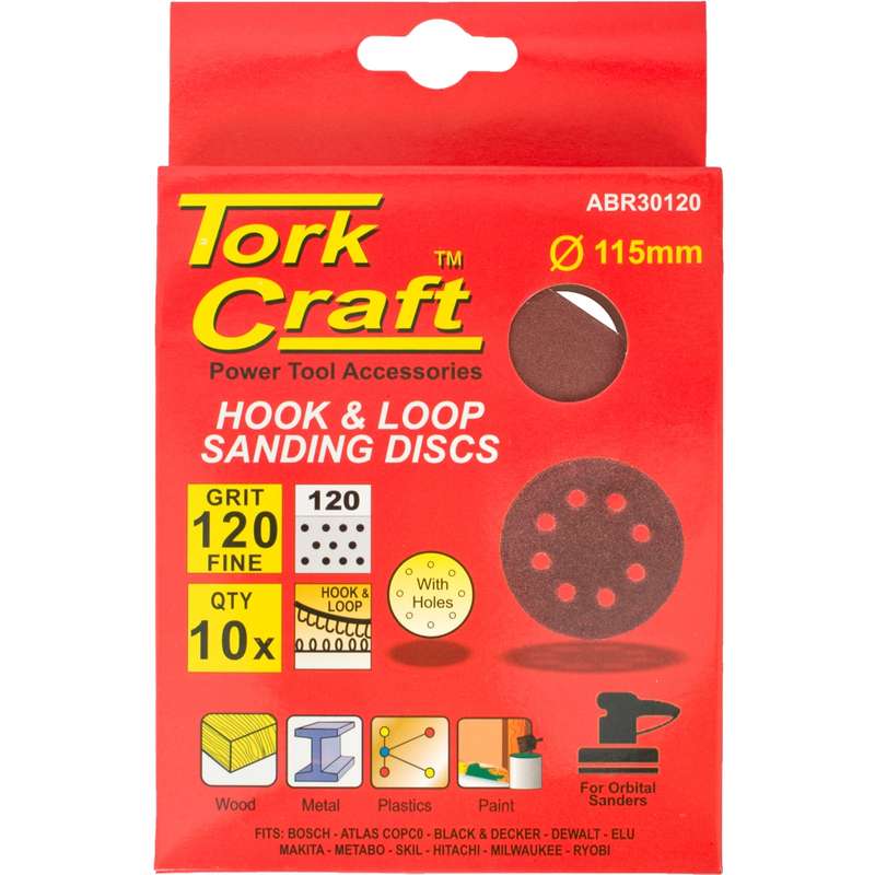 Tork Craft Sanding Disc 115mm 120 Grit With Holes 10/pk Hook And Loop