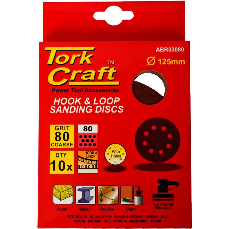 Tork Craft Sanding Disc 125mm 80 Grit With Holes 10/pk Hook And Loop