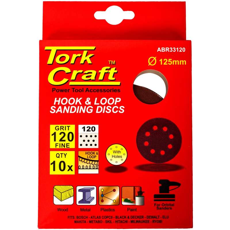 Tork Craft Sanding Disc 125mm 120 Grit With Holes 10/pk Hook And Loop