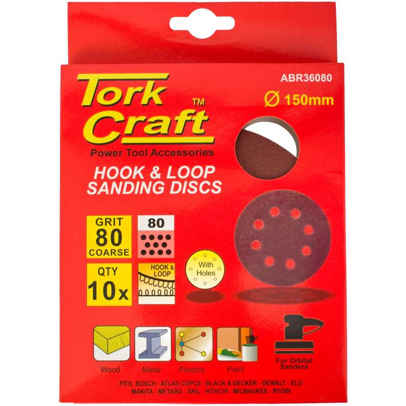 Tork Craft Sanding Disc 150mm 80 Grit With Holes 10/pk Hook And Loop