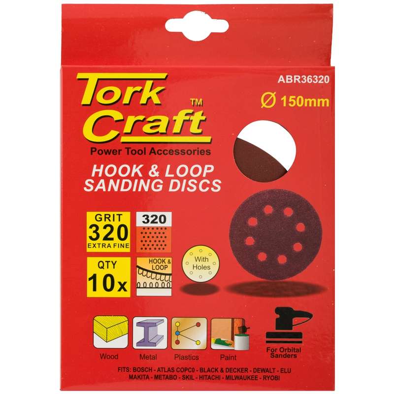 Tork Craft Sanding Disc 150mm 320 Grit With Holes 10/pk Hook And Loop
