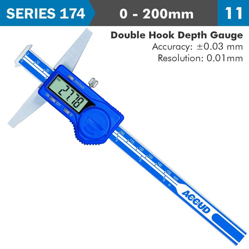 Accud Dig. Caliper 200mm 0.03mm Acc. Double Hook Depth 0.01mm Res. S/steel