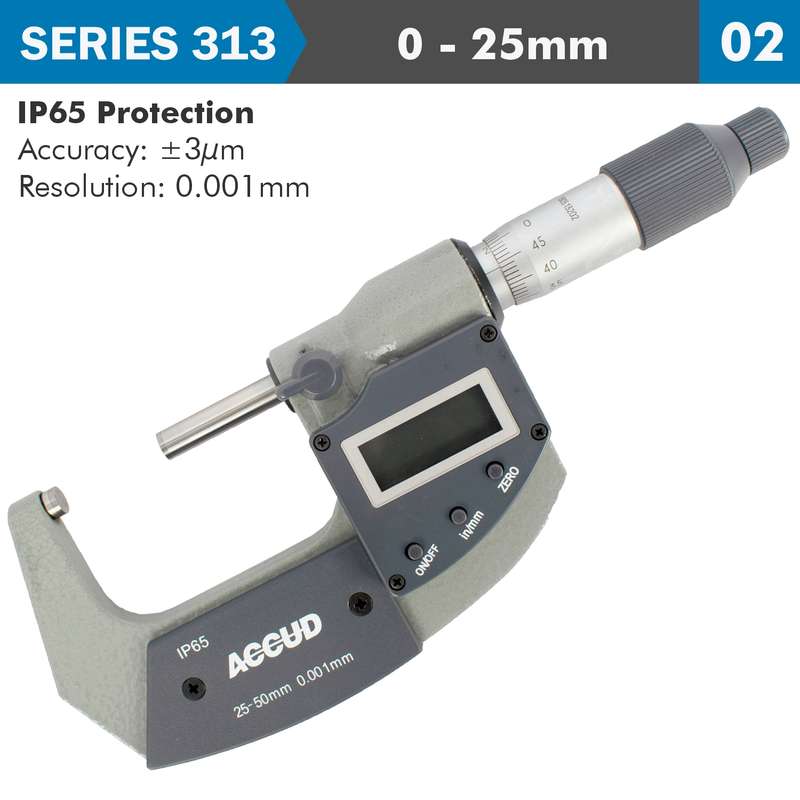 Accud Dig. Outside Micrometer 25mm 0.003mm Acc Ip65. 0.001mm Res.