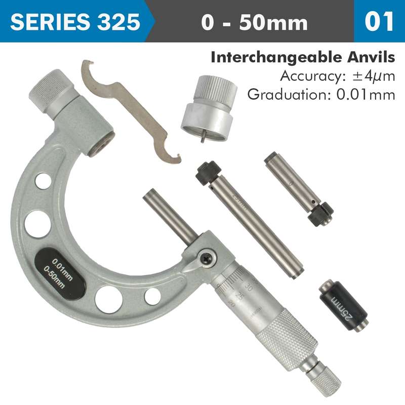 Accud Outside Micrometer 50mm 0.004mm Acc. 0.01mm Grad. With Interch. Anvils