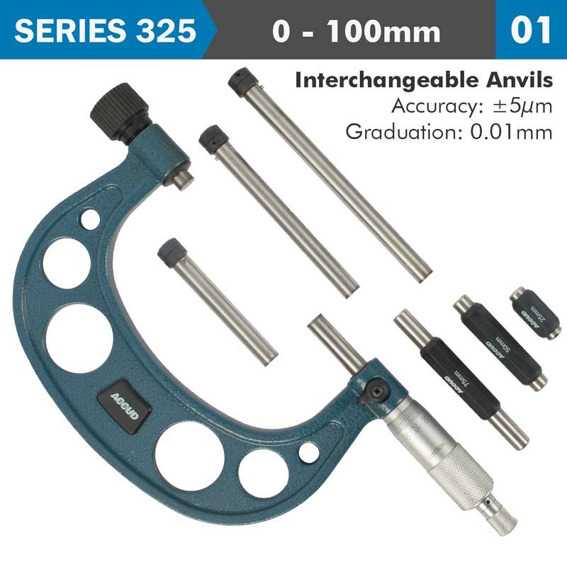 Accud Outside Micrometer 100mm 0.004mm Acc. 0.01mm Grad. With Interch. Anvil