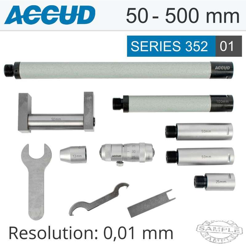 Accud Tubular Inside Micrometer 50-500mm 0.01mm Grad. Extension Rods: 13, 25