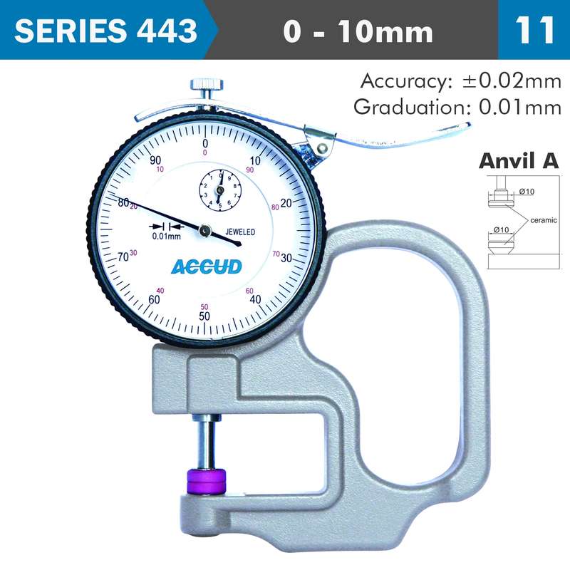 Accud Thickness Gauge 10mm 0.02mm Acc. Ceramic Anvil 0.01mm Grad.