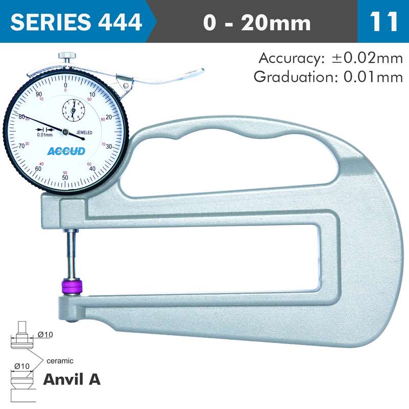 Accud Thickness Gauge 20mm 0.03mm Acc. Large Depth Ceramic Anvil 0.01mm Grad