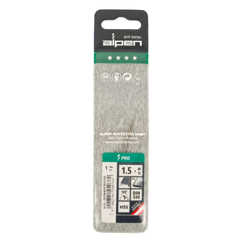 Alpen Pro Hss 1.5mm Drill Din 338 Rn 135 Split Point Plastic Wallet  (