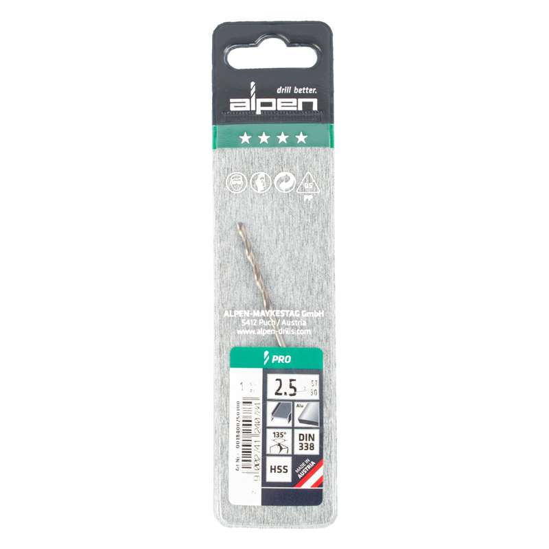 Alpen Pro Hss 2.5mm Drill Din 338 Rn 135 Split Point Plastic Wallet  (