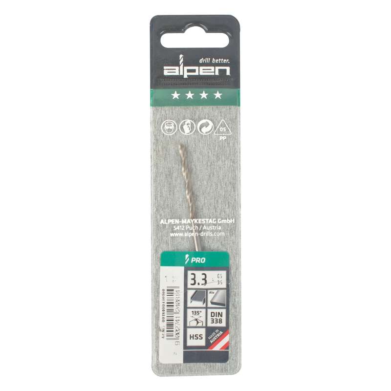 Alpen Pro Hss 3.3mm Drill Din 338 Rn 135 Split Point Plastic Wallet  (