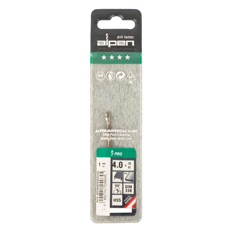 Alpen Pro Hss 4mm Drill Din 338 Rn 135 Split Point Plastic Wallet  (1