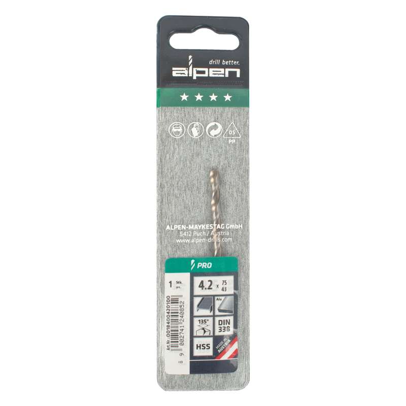 Alpen Pro Hss 4.2mm Drill Din 338 Rn 135 Split Point Plastic Wallet  (