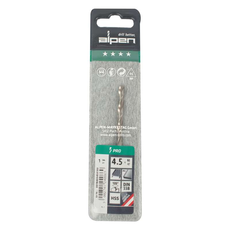 Alpen Pro Hss 4.5mm Drill Din 338 Rn 135 Split Point Plastic Wallet  (