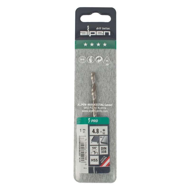 Alpen Pro Hss 4.8mm Drill Din 338 Rn 135 Split Point Plastic Wallet  (