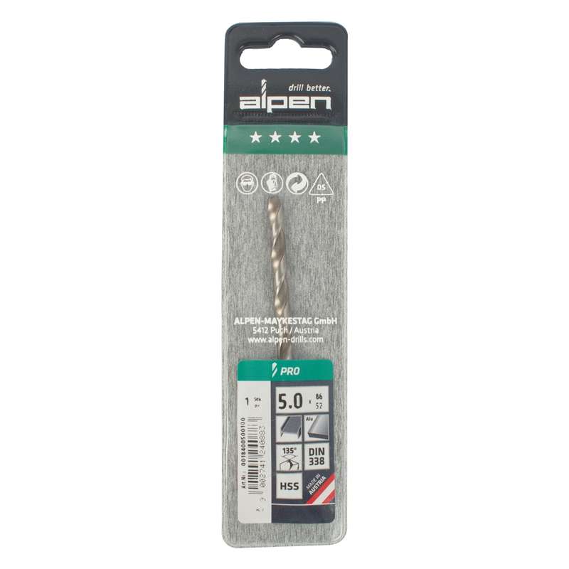 Alpen Pro Hss 5mm Drill Din 338 Rn 135 Split Point Plastic Wallet  (1