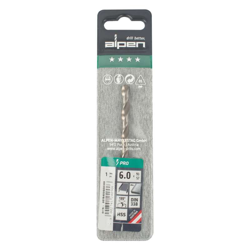 Alpen Pro Hss 6mm Drill Din 338 Rn 135 Split Point Plastic Wallet  (1