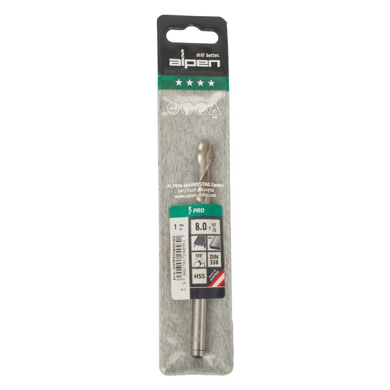 Alpen Pro Hss 8mm Drill Din 338 Rn 135 Split Point Plastic Wallet