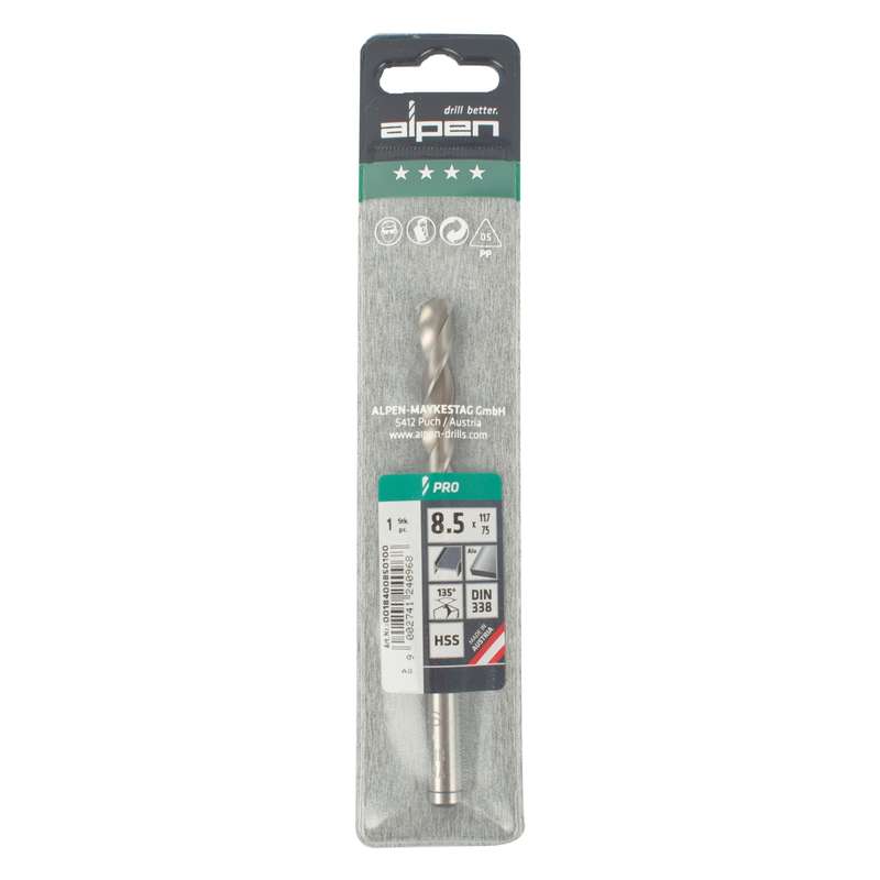 Alpen Pro Hss 8.5mm Drill Din 338 Rn 135 Split Point Plastic Wallet