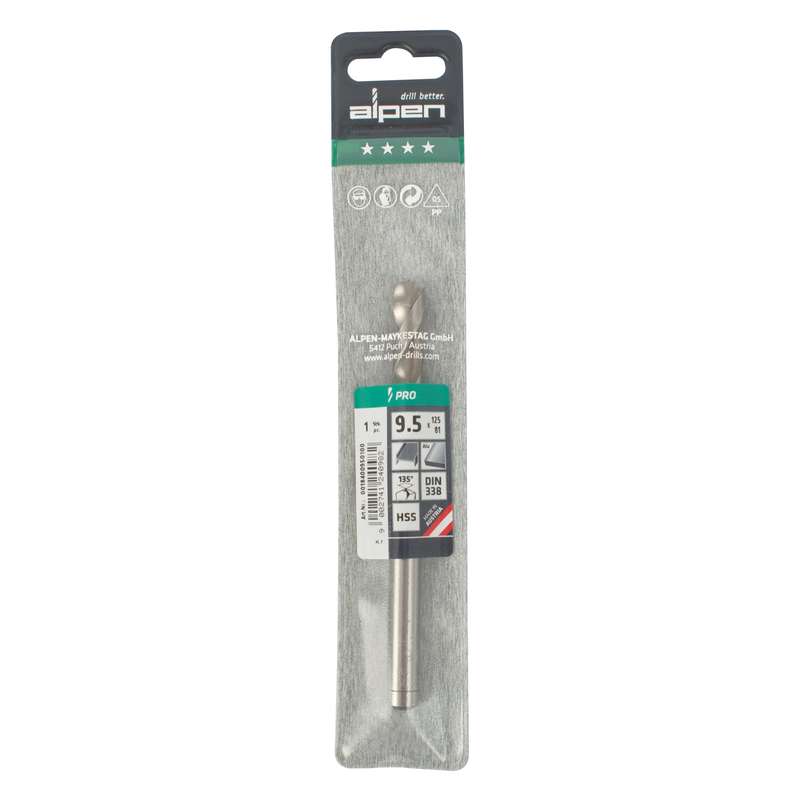 Alpen Pro Hss 9.5mm Drill Din 338 Rn 135 Split Point Plastic Wallet