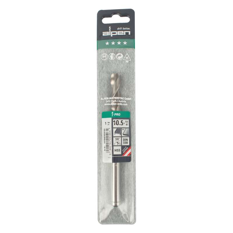 Alpen Pro Hss 10.5mm Drill Din 338 Rn 135 Split Point Plastic Wallet