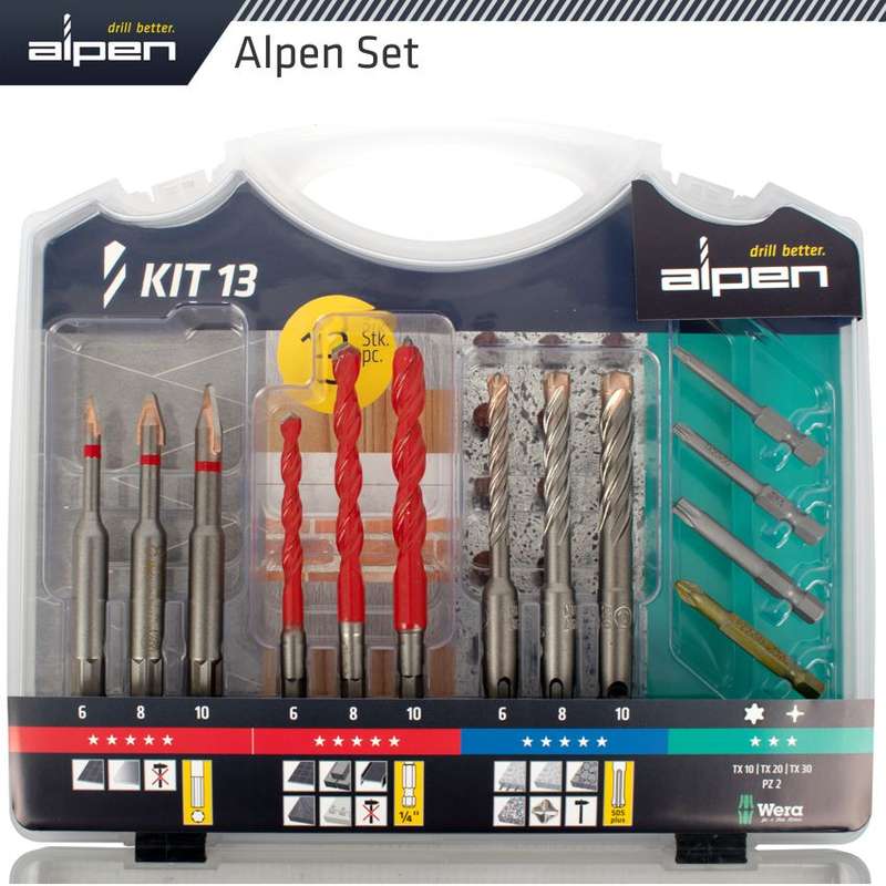 Alpen Drill-screwset Kit 13 13 Pcs C Prot,multi 6-kant,sds-plus Force X4 Bit