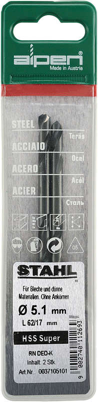Alpen Hss Super Drill Bit Double Ended 4.9mm 2/pouch