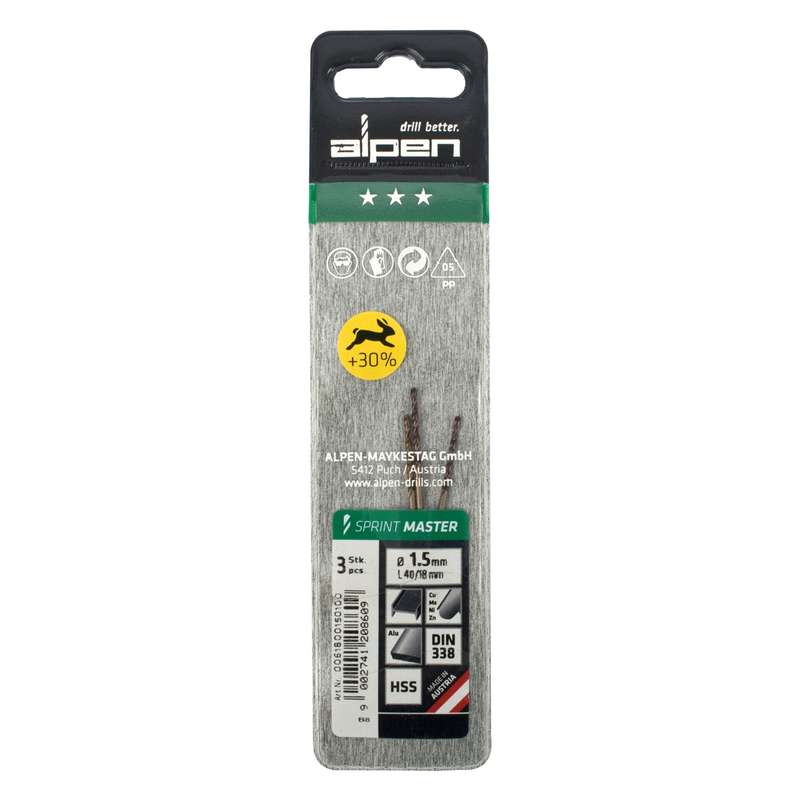 Alpen Hss Sprint Master  1.5mm X3 Sleeved Din338 Alpen Drill Bit