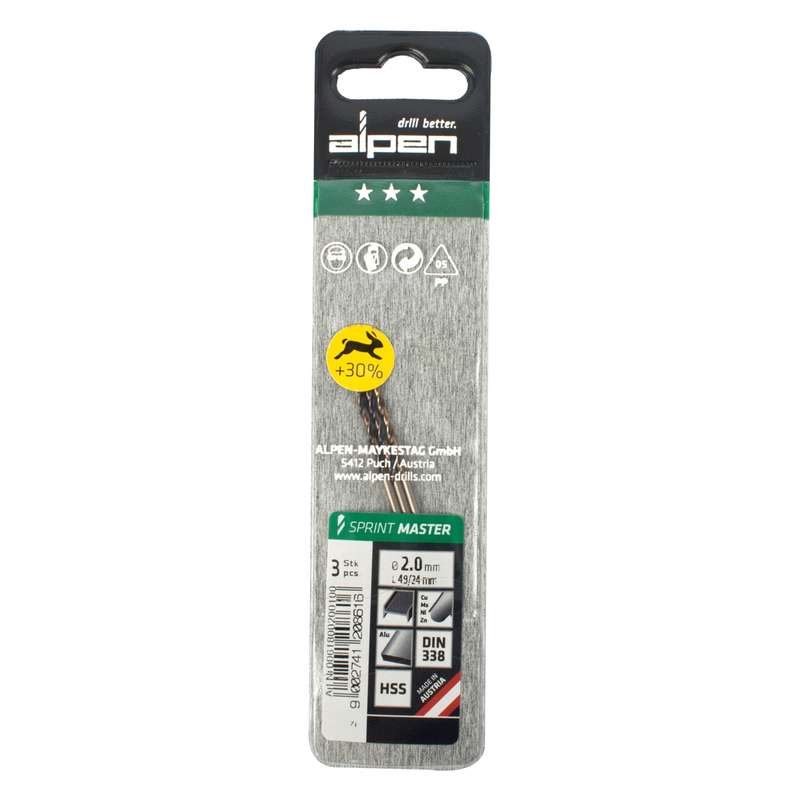 Alpen Hss Sprint Master  2.0mm X3 Sleeved Din338 Alpen Drill Bit