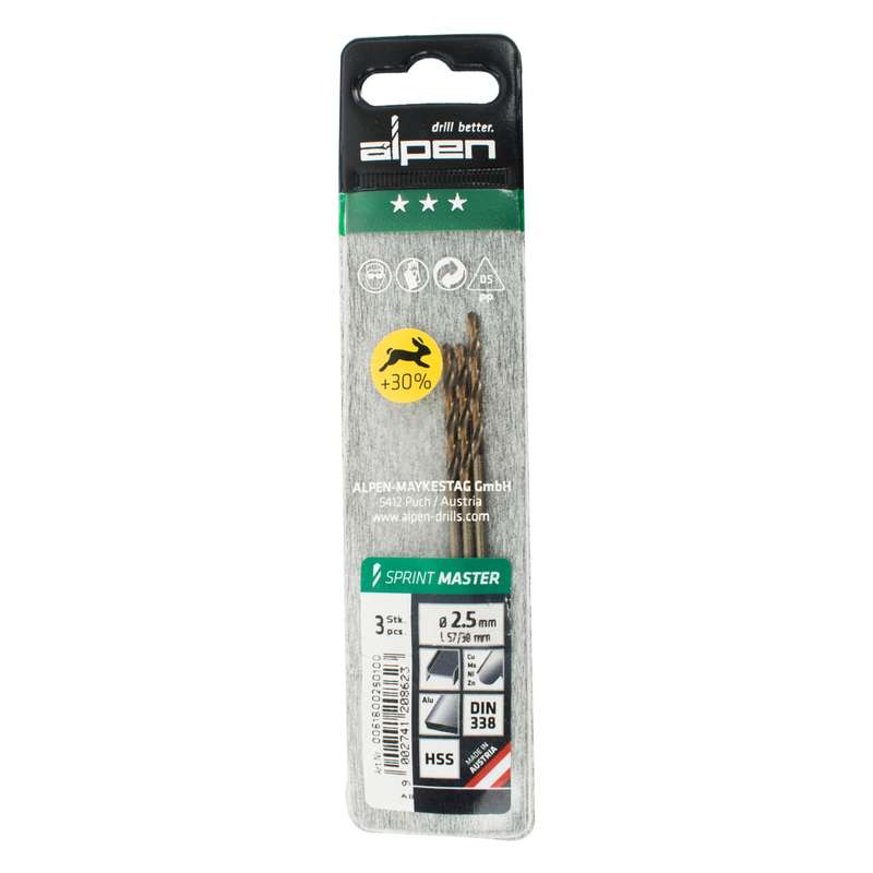 Alpen Hss Sprint Master  2.5mm X3 Sleeved Din338 Alpen Drill Bit
