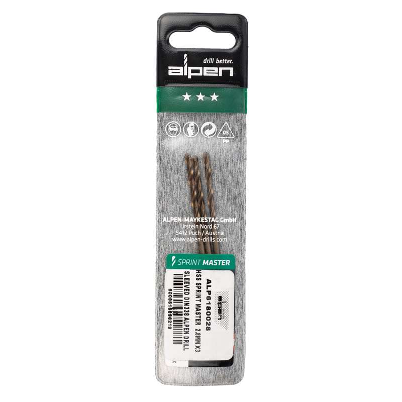 Alpen Hss Sprint Master  2.8mm X3 Sleeved Din338 Alpen Drill Bit