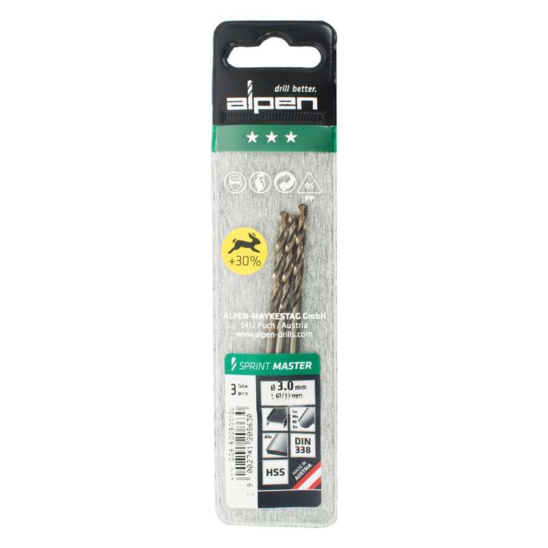 Alpen Hss Sprint Master  3.0mm X3 Sleeved Din338 Alpen Drill Bit