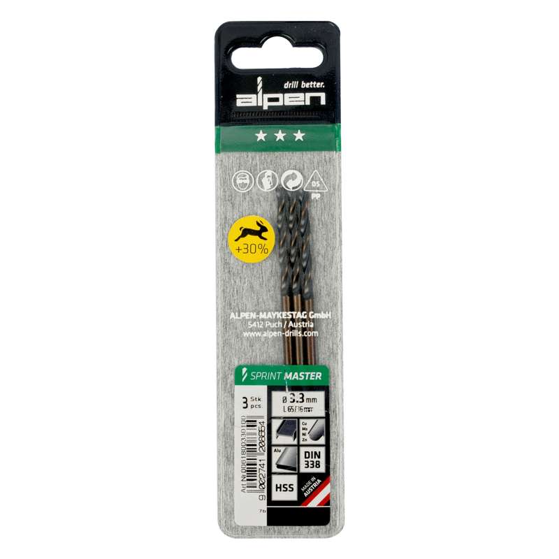 Alpen Hss Sprint Master  3.3mm X3 Sleeved Din338 Alpen Drill Bit