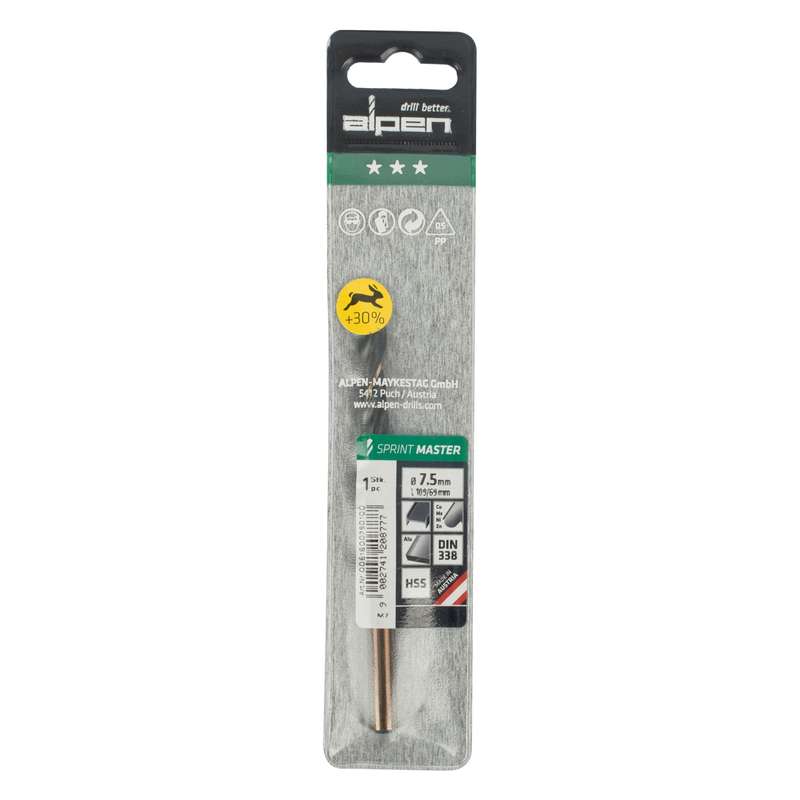 Alpen Hss Sprint Master  7.5mm X1 Sleeved Din338 Alpen Drill Bit