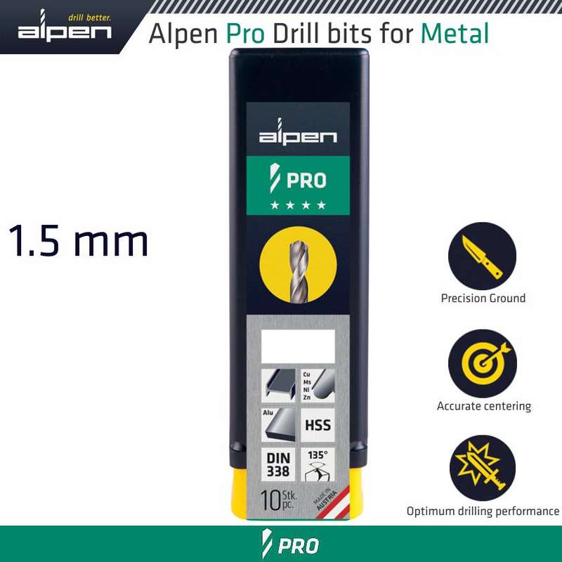 Alpen Pro 1.5mm Hss Drill Din 338 Rn 135 With Split Point Bulk