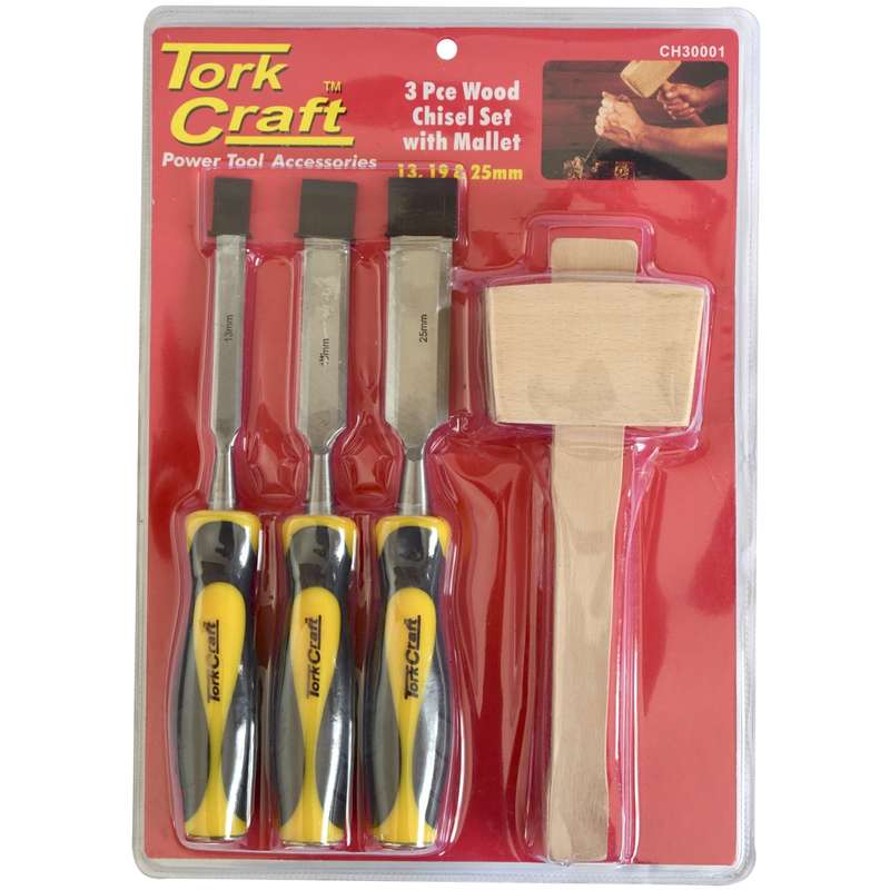 Tork Craft Chisel Set Wood 3 Piece Plus Wooden Mallet Blister