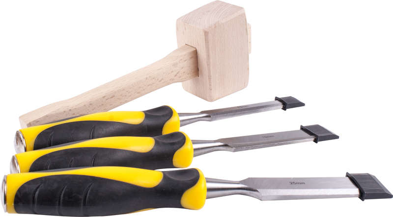Tork Craft Chisel Set Wood 3 Piece Plus Wooden Mallet Blister