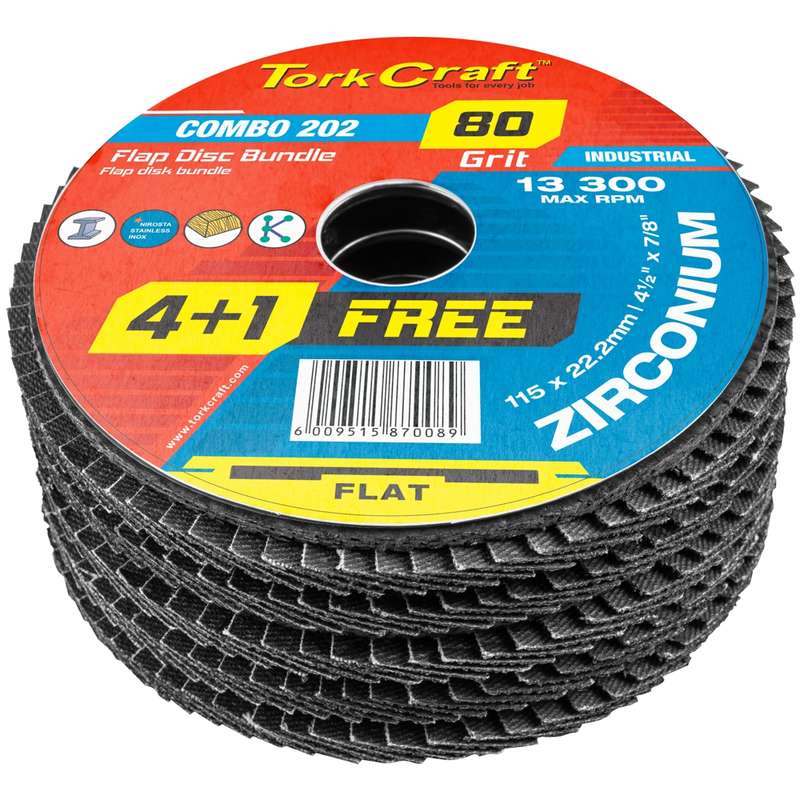Tork Craft Flap Disc Zirconium 115mm 80 Grit Flat 4+1 Free