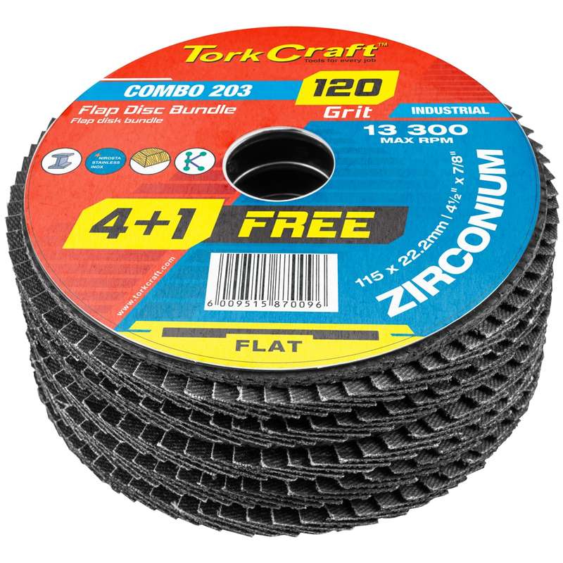 Tork Craft Flap Disc Zirconium 115mm 120 Grit Flat 4+1 Free