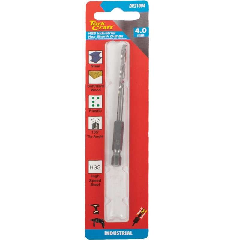 Tork Craft Drill Hss 4.0mm 135deg 1/card Hex Shank Industrial Bit