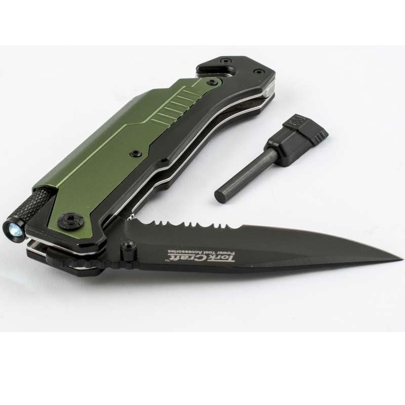 Tork Craft Knife Survival Green With Led Light & Fire Starter In Double Blister