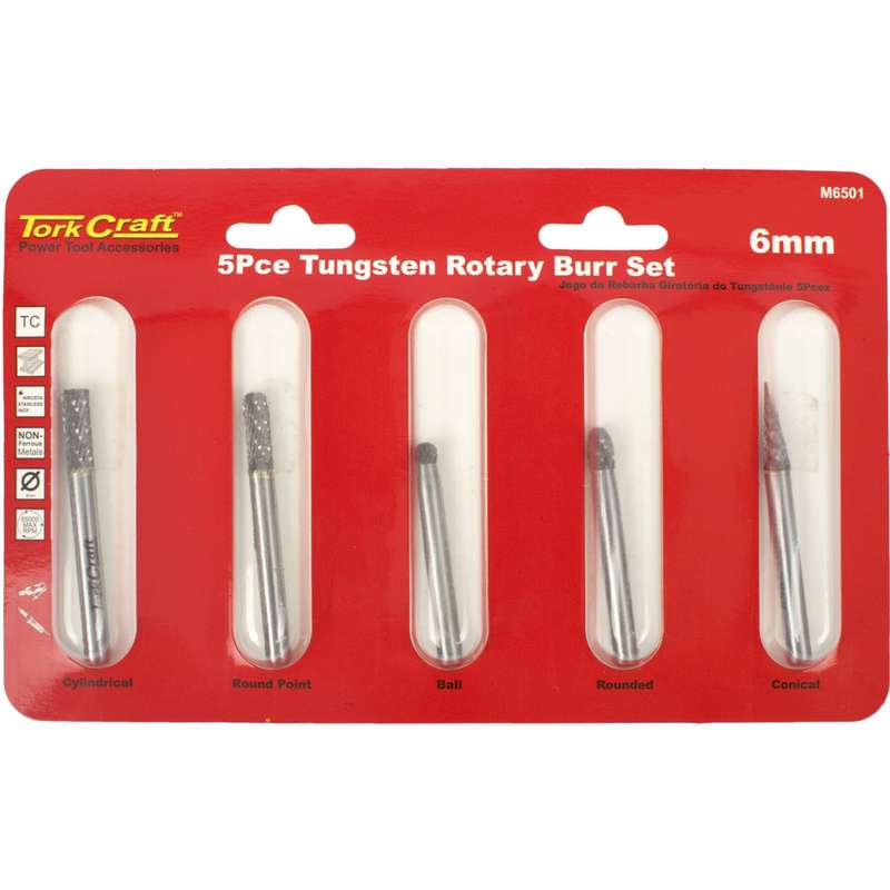 Tork Craft Rotary Burr Set 5 Pc Asstd 6mm Dia Tungsten