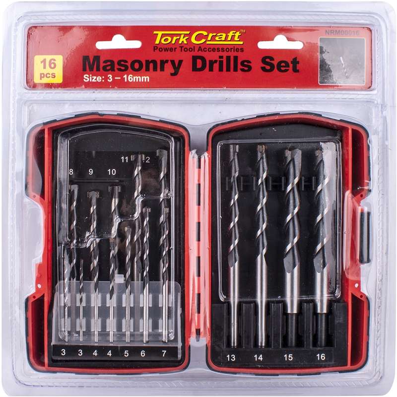 Tork Craft Masonry Drill Bit Set 16pc 3 - 16mm In Plastic Case