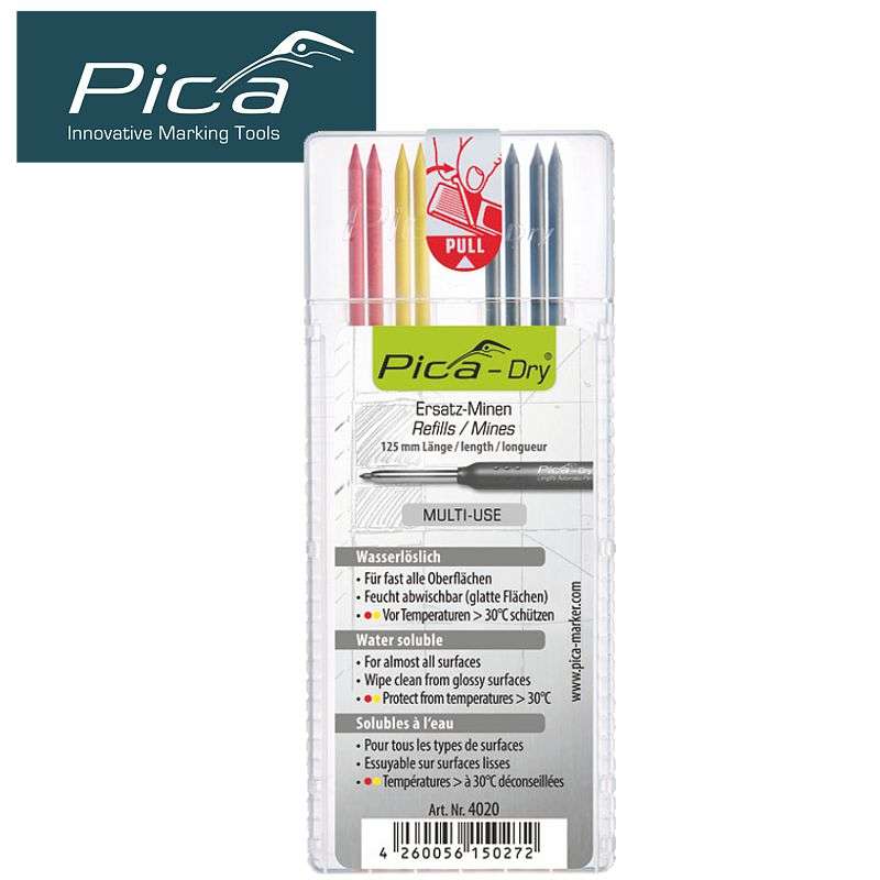 Pica Dry Refills 8pc Set 2 X Red, 2 X Yellow, 4 X Graphite