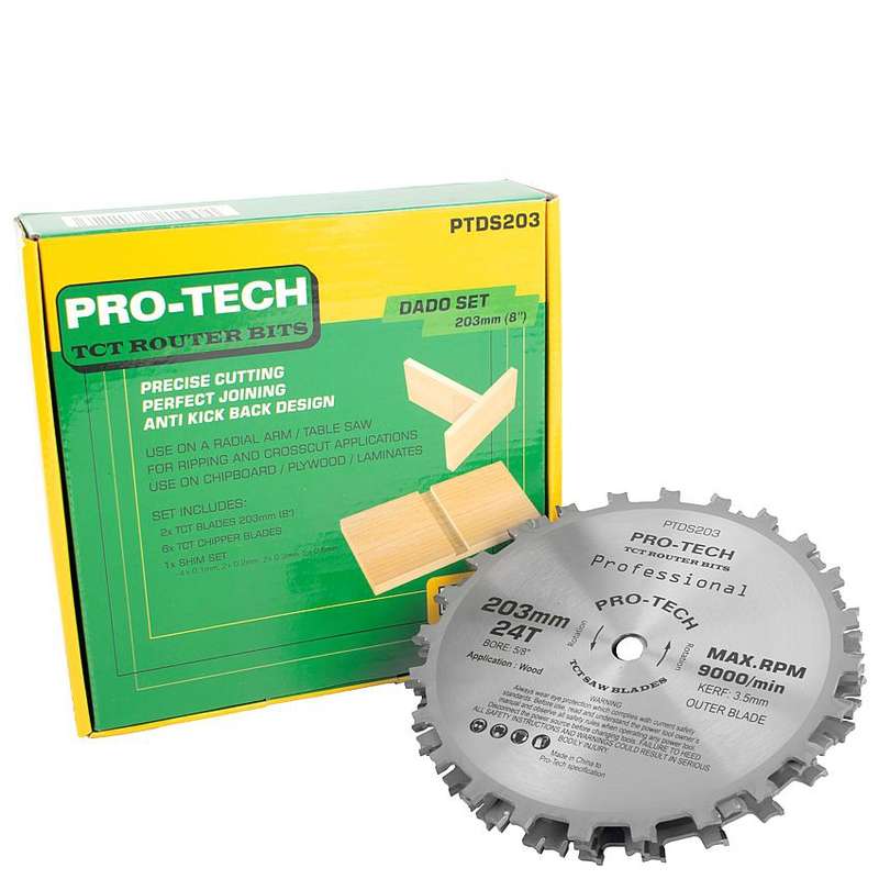 Pro-tech Dado Set 203mm X 15.88 X 24t 4 X 1/8\' 3/32\'1/16\' Chip 27.5mm
