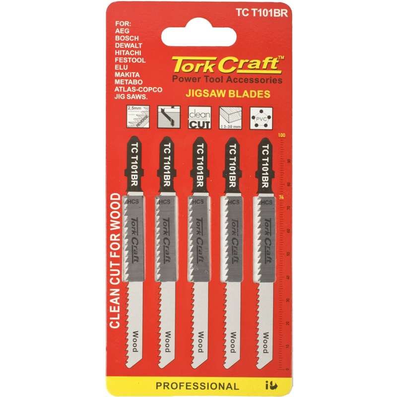 Tork Craft T-shank Jigsaw Blade Reverse Tooth 2.5mm 10tpi 100mm Wood 5pc